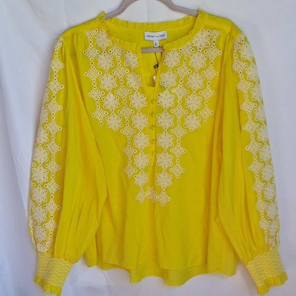 GIBSON & LATIMER Embroidered Floral Ruffled Button Front Neck Blouse Yellow L